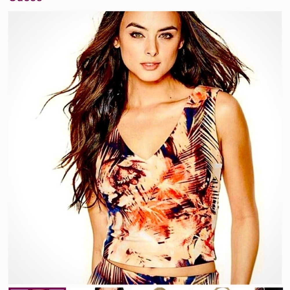 Guess Orange Multi Tropical V-Neck Sleeveless Crop Top